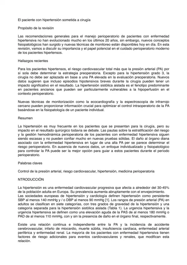 el paciente con hipertensi n sometida a cirug a