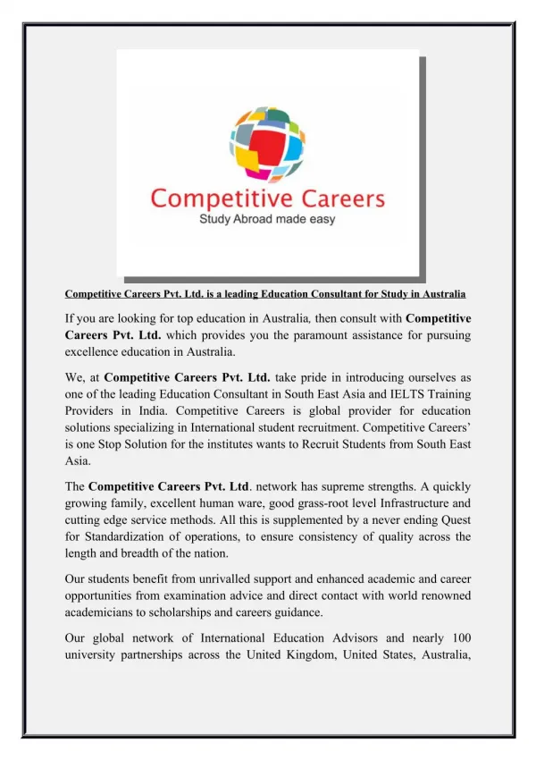 Competitive Careers Pvt. Ltd. is a leading Education Consultant for Study in Australia