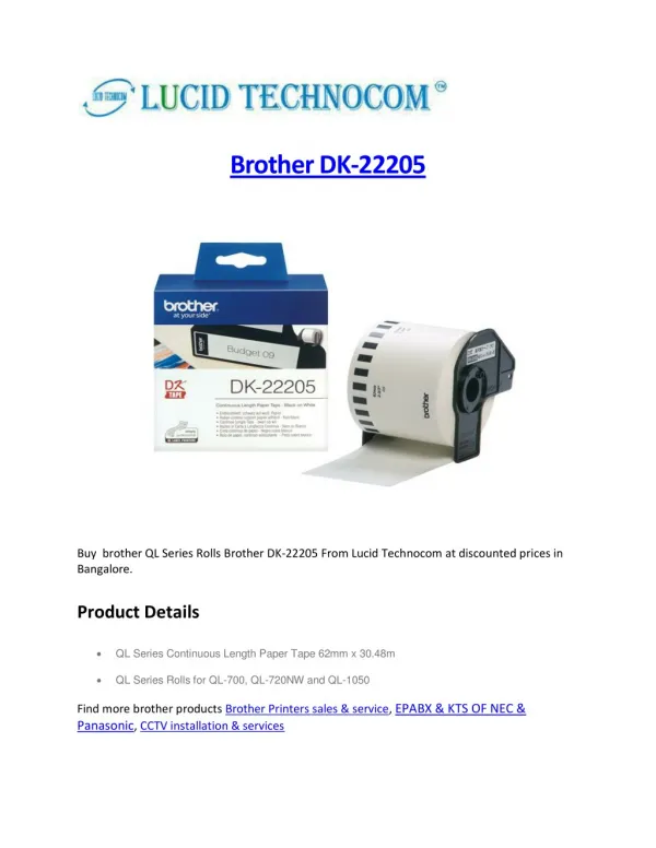 Brother Printers Sales & Services - Brother DK-22205 Rolls