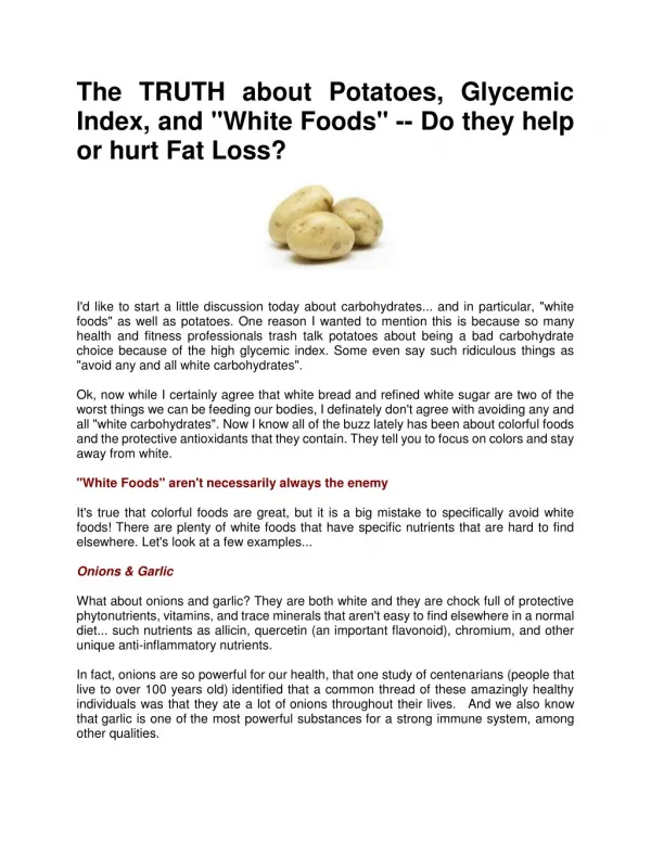 The TRUTH about Potatoes, Glycemic Index, and "White Foods" -- Do they help or hurt Fat Loss?