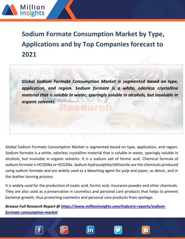 Sodium Formate Consumption Market by Type, Applications and by Top Companies forecast to 2021