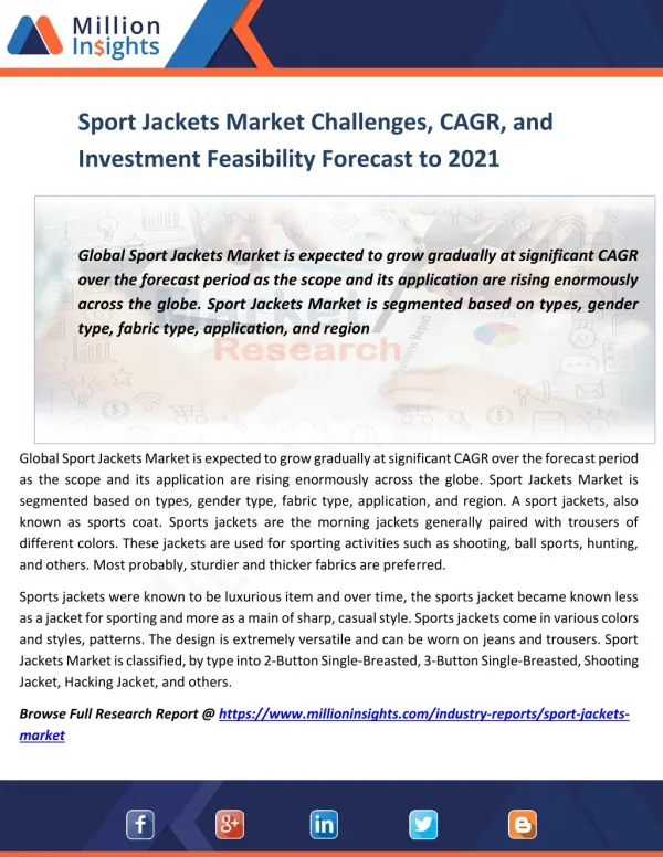 Sport Jackets Market Challenges, CAGR, and Investment Feasibility Forecast to 2021