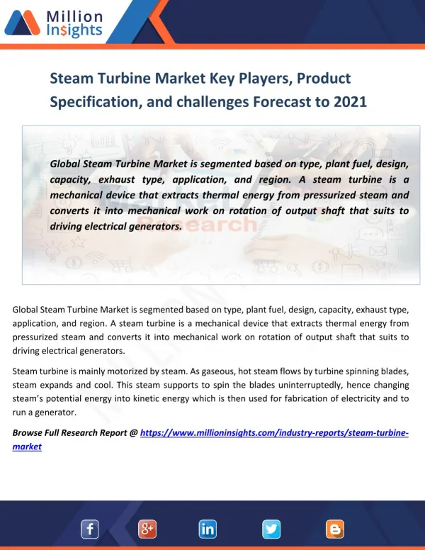 Steam Turbine Market Key Players, Product Specification, and challenges Forecast to 2021