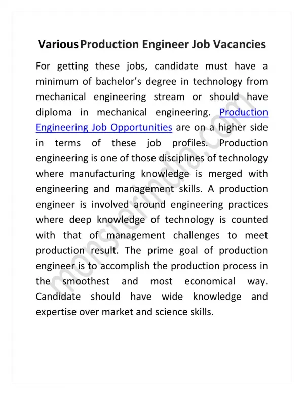 Various Production Engineer Job Vacancies