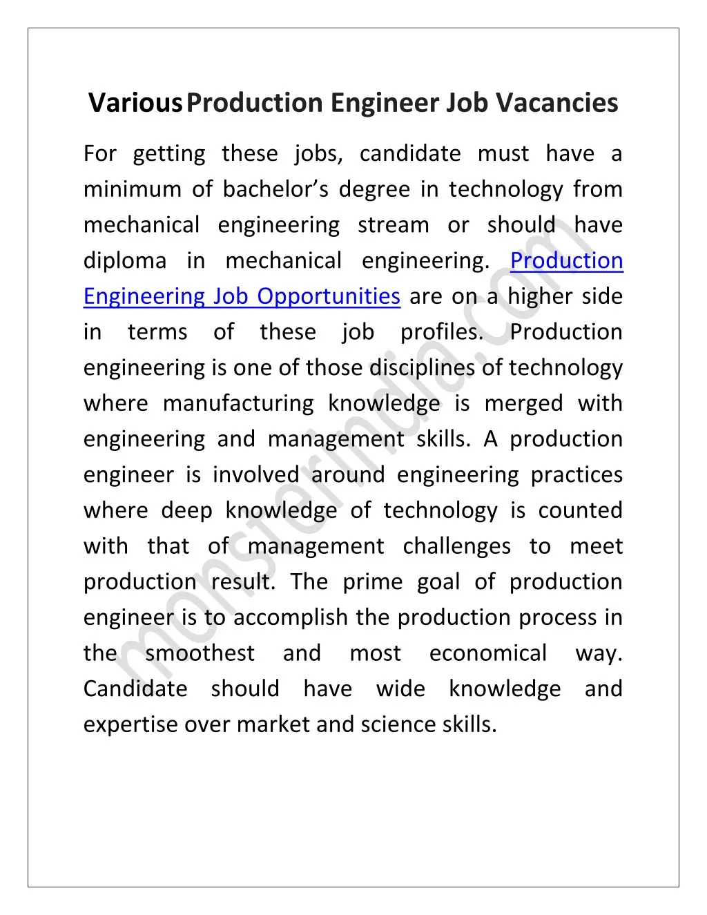 various production engineer job vacancies