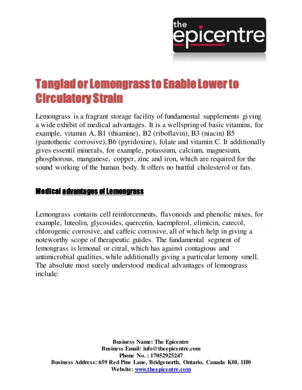 Tanglad or Lemongrass to Enable Lower to Circulatory Strain