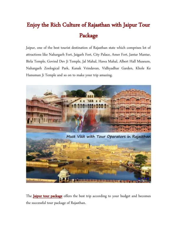 Enjoy the Rich Culture of Rajasthan with Jaipur Tour Package