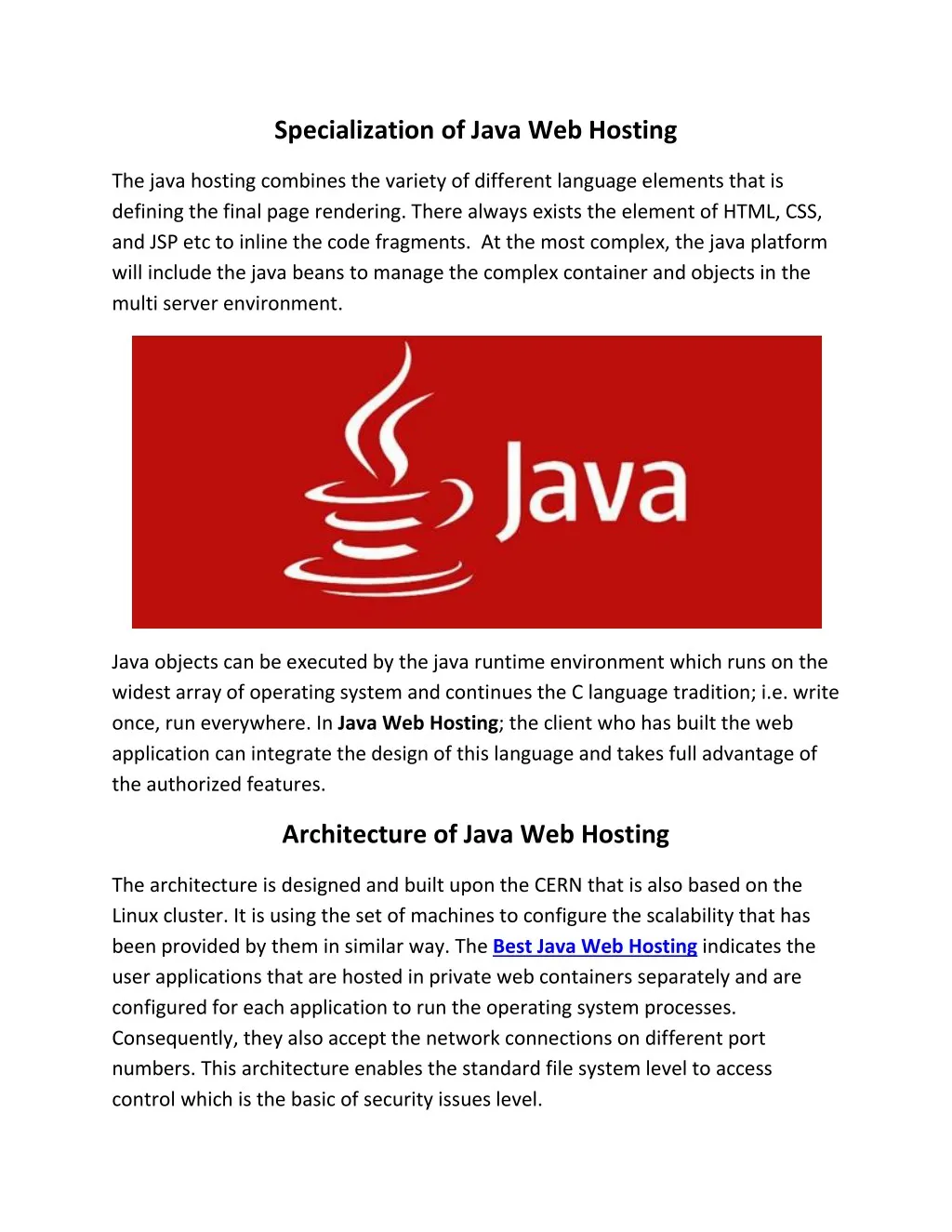 specialization of java web hosting