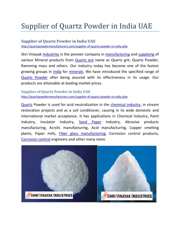 Supplier of Quartz Powder in India UAE