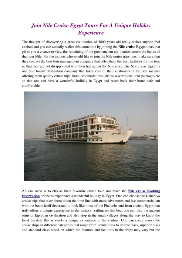 Booking Reservations for Egypt Nile River Cruise