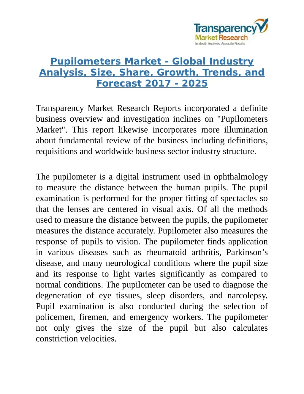 pupilometers market global industry analysis size