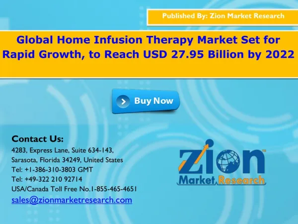 Global Home Infusion Therapy Market booming at USD 27.95 Billion by 2022