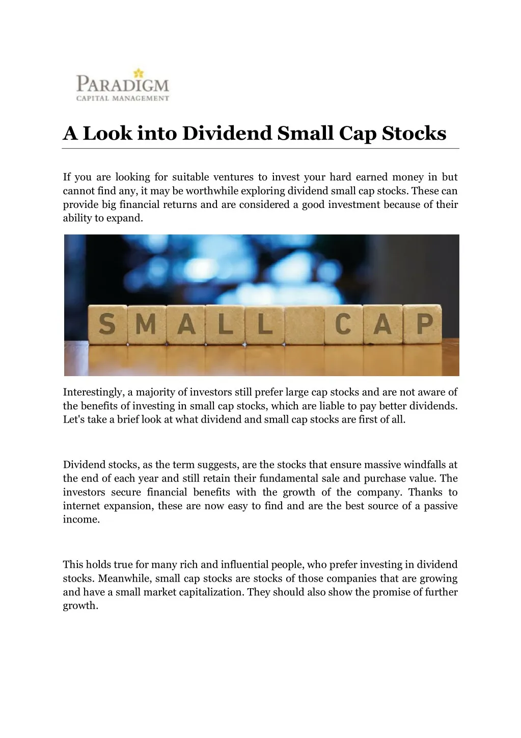 a look into dividend small cap stocks