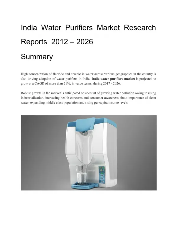 India Water Purifiers Market Research Reports 2012 - 2026