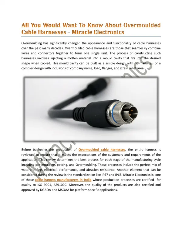 All You Would Want To Know About Overmoulded Cable Harnesses - Miracle Electronics