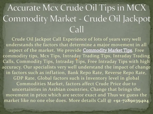 Accurate Mcx Crude Oil Tips in MCX Commodity Market - Crude Oil Jackpot Call
