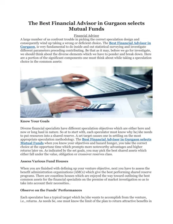 The Best Financial Advisor in Gurgaon selects Mutual Funds