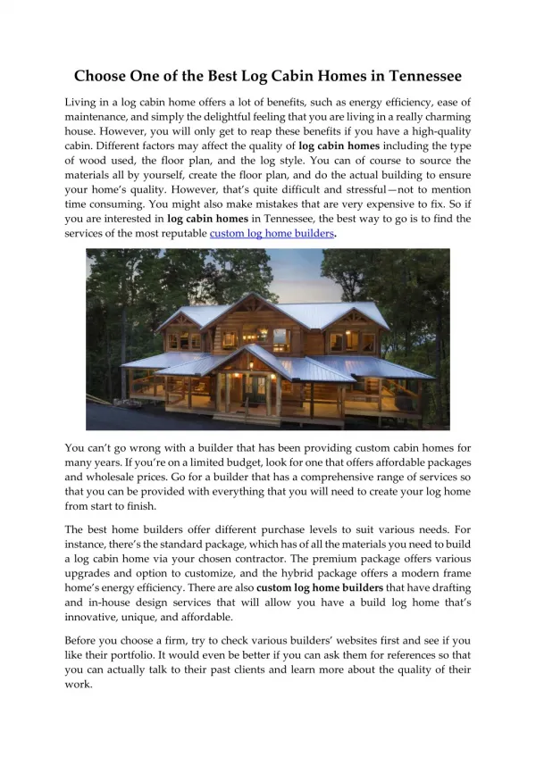 Choose One of the Best Log Cabin Homes in Tennessee
