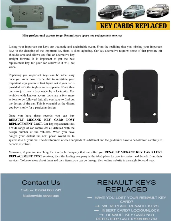 RENAULT MEGANE KEY CARD LOST REPLACEMENT COST