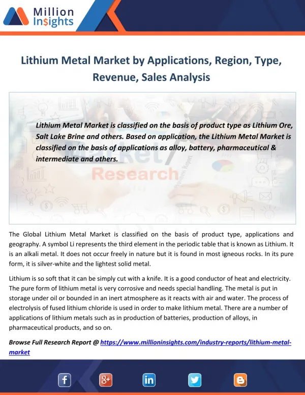 Lithium Metal Market Shares, Strategies,Growth rate, Sales,Prize to 2021