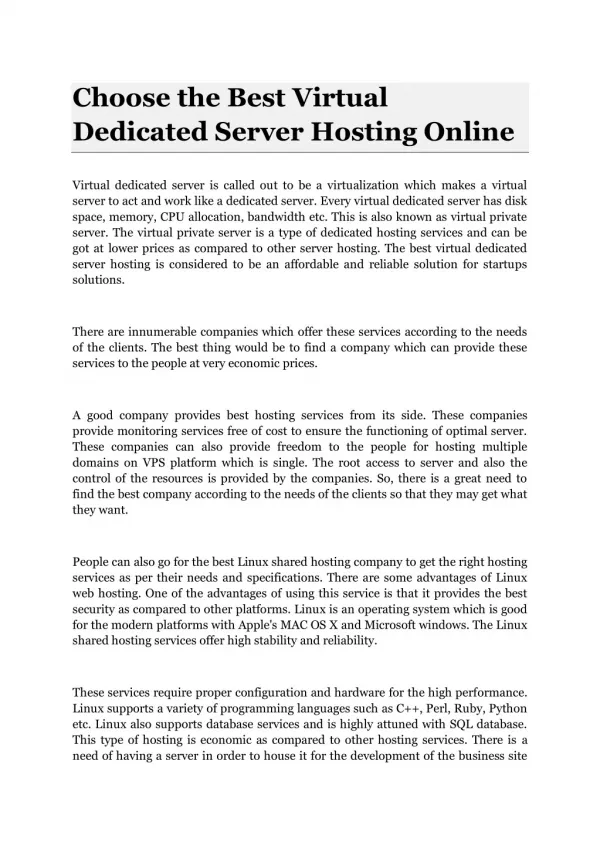 Choose the Best Virtual Dedicated Server Hosting Online