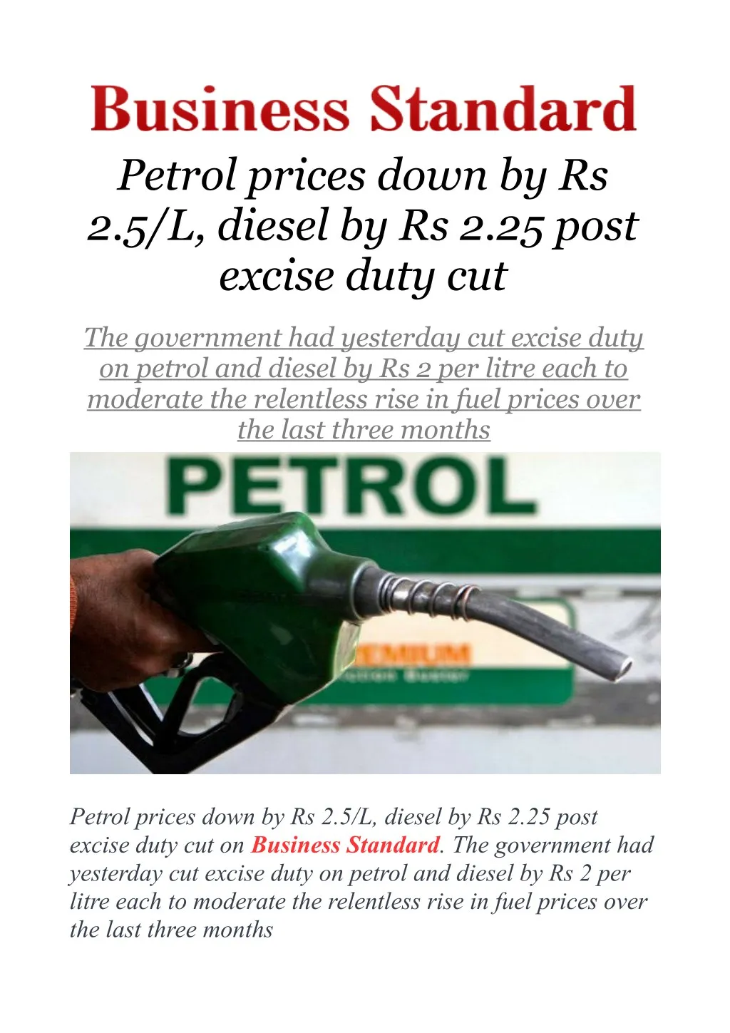 petrol prices down by rs 2 5 l diesel