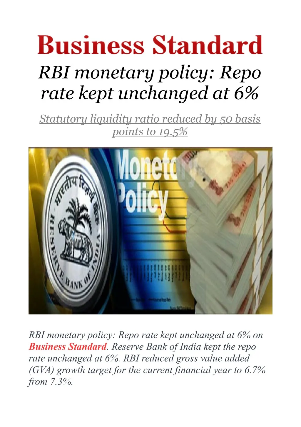 rbi monetary policy repo rate kept unchanged at 6