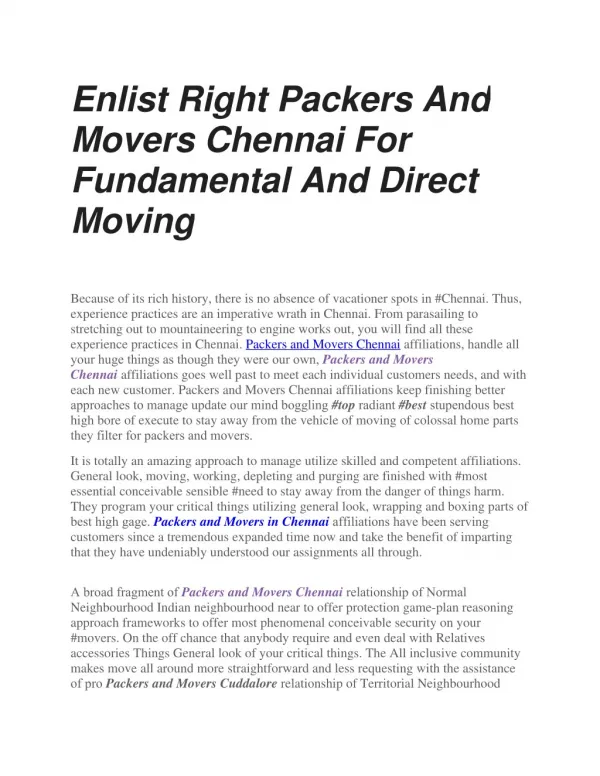Enlist Right Packers And Movers Chennai For Fundamental And Direct Moving