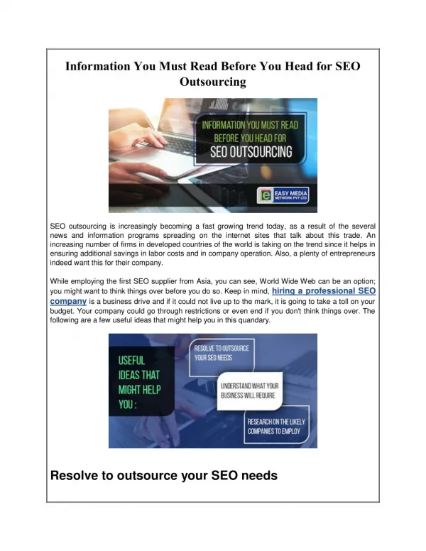 Information You Must Read Before You Head for SEO Outsourcing