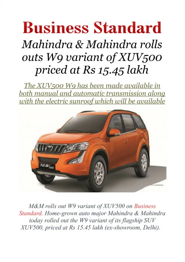 Mahindra & Mahindra rolls outs W9 variant of XUV500 priced at Rs 15.45 lakh