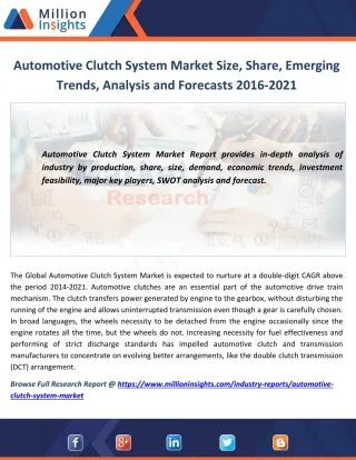 Automotive Clutch System Market Size, Share, Emerging Trends, Analysis and Forecasts 2016-2021