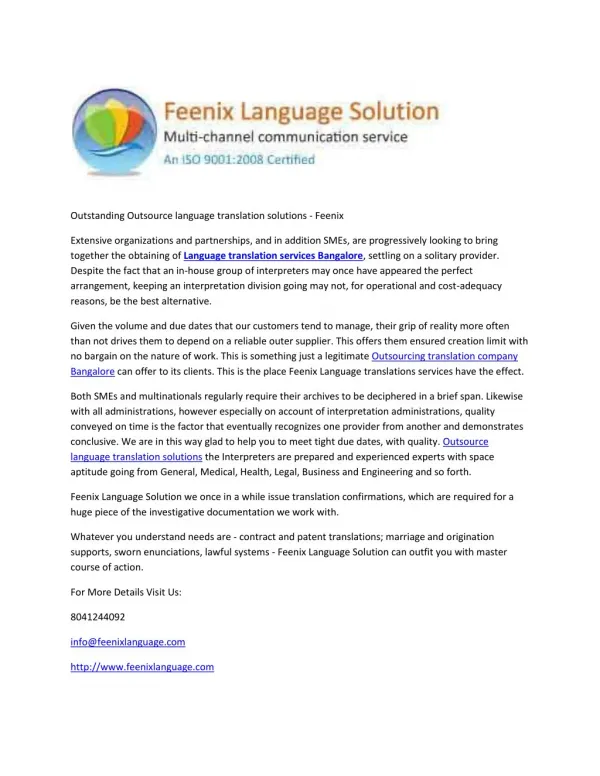 Outstanding Outsource language translation solutions - Feenix