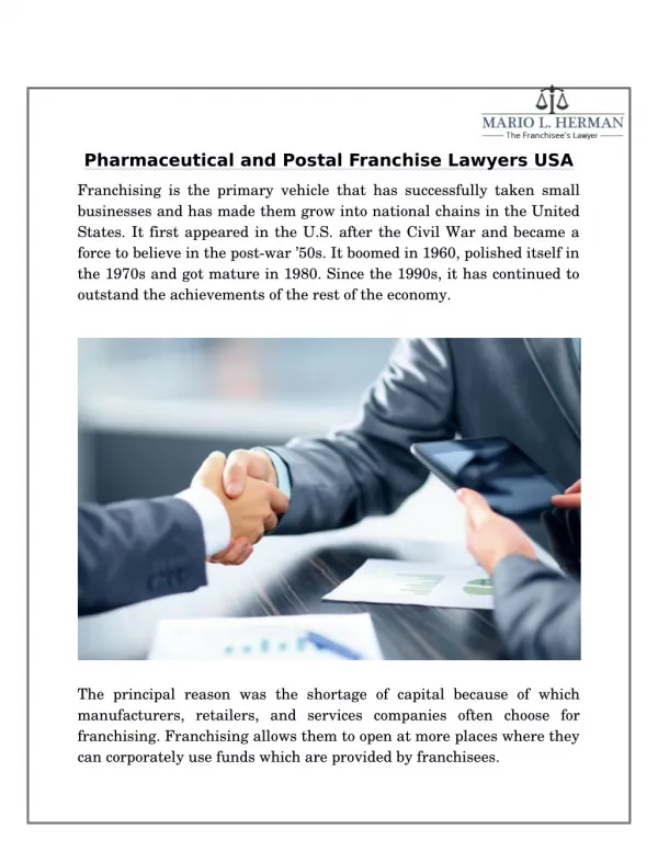 Pharmaceutical and Postal Franchise Lawyers USA