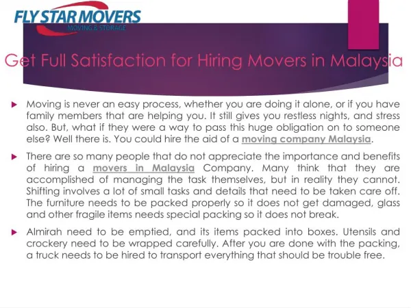 Get Full Satisfaction for Hiring Movers in Malaysia