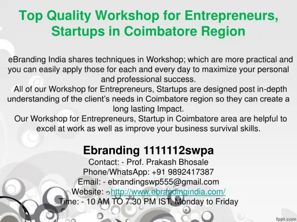 2.Top Quality Workshop for Entrepreneurs, Startups in Coimbatore Region