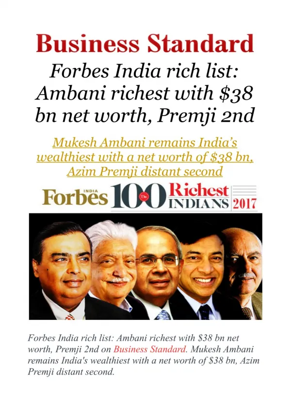 Forbes India rich list: Ambani richest with $38 bn net worth, Premji 2nd