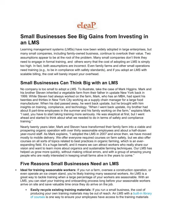 Small Businesses See Big Gains from Investing in an LMS