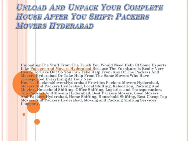 Unload And Unpack Your Complete House After You Shift: Packers Movers Hyderabad