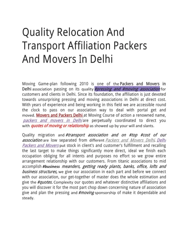Quality Relocation And Transport Affiliation Packers And Movers In Delhi