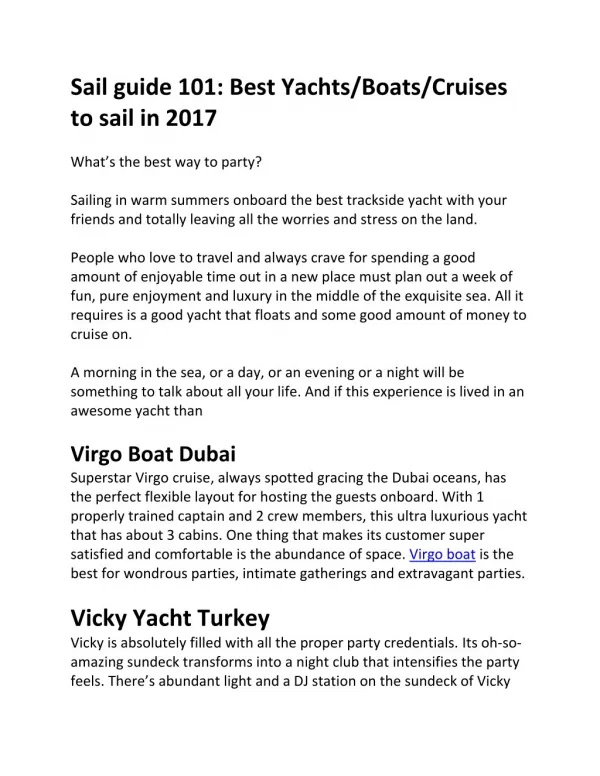 Sail guide 101: Best Yachts/Boats/Cruises to sail in 2017