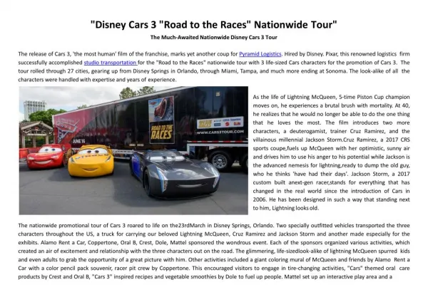 "Disney Cars 3 "Road to the Races" Nationwide Tour"