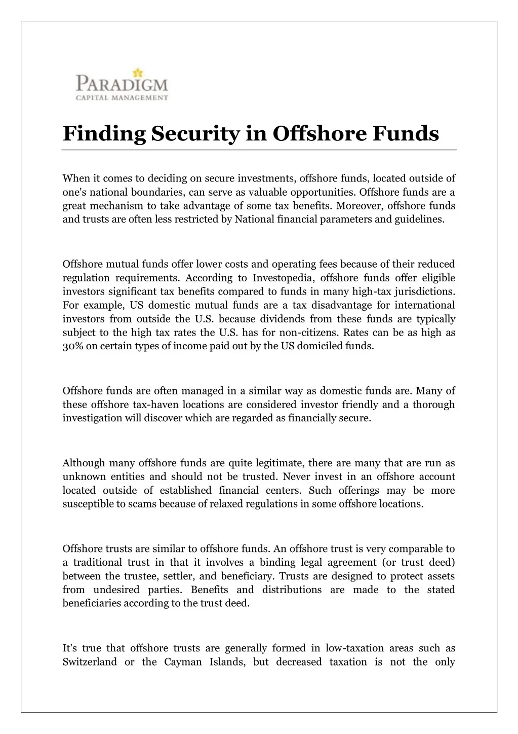 finding security in offshore funds