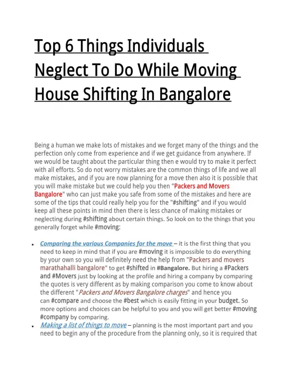 Top 6 Things Individuals Neglect To Do While Moving House Shifting In Bangalore