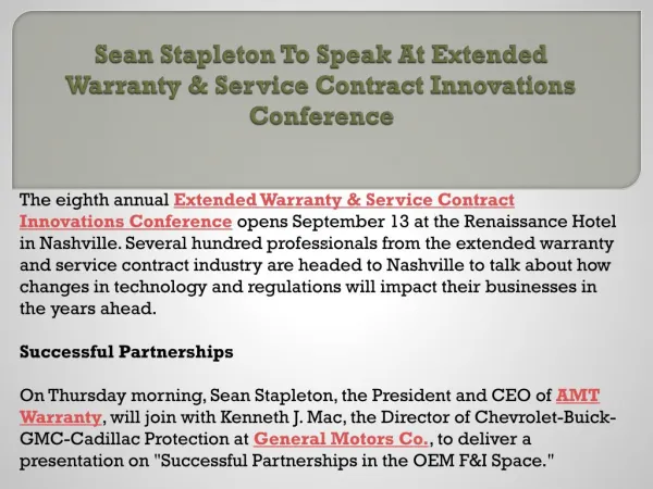 Sean Stapleton To Speak At Extended Warranty & Service Contract Innovations Conference