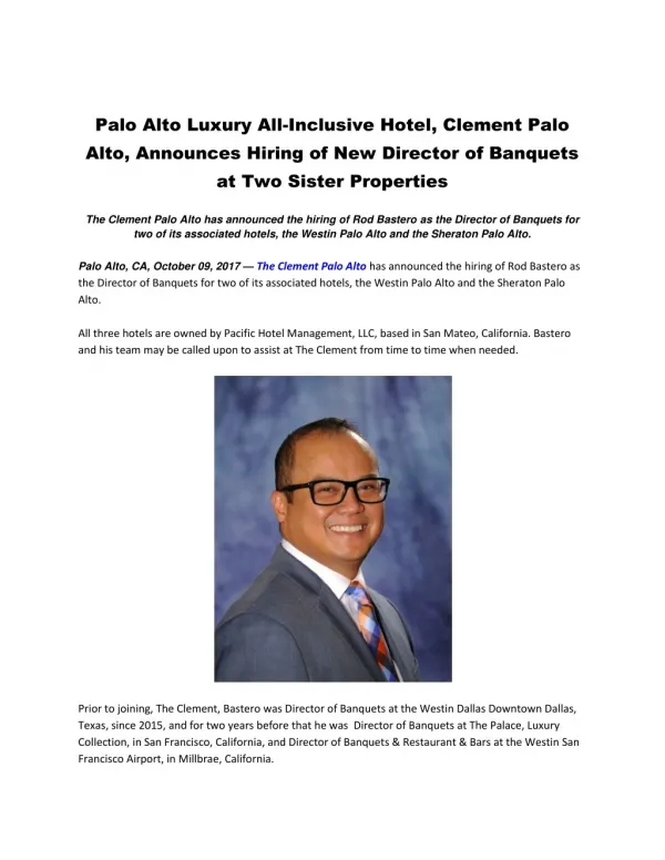 Palo Alto Luxury All-Inclusive Hotel, Clement Palo Alto, Announces Hiring of New Director of Banquets at Two Sister Prop