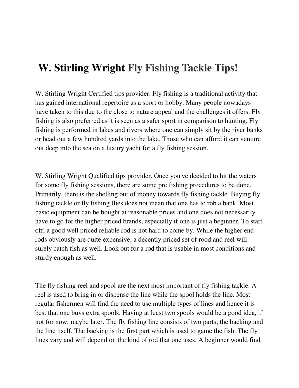 w stirling wright fly fishing tackle tips