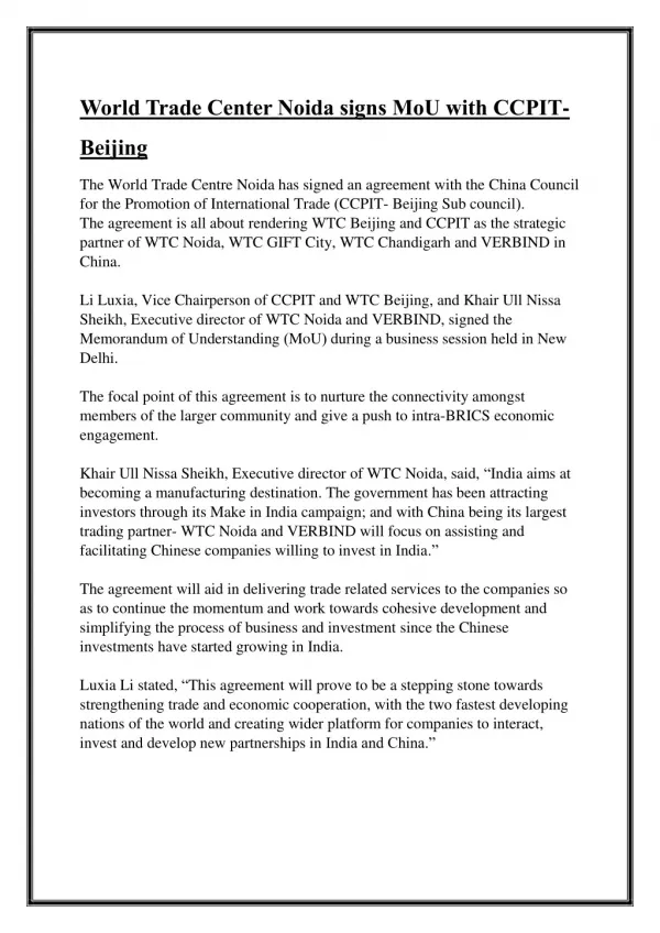World Trade Center Noida signs MoU with CCPIT- Beijing