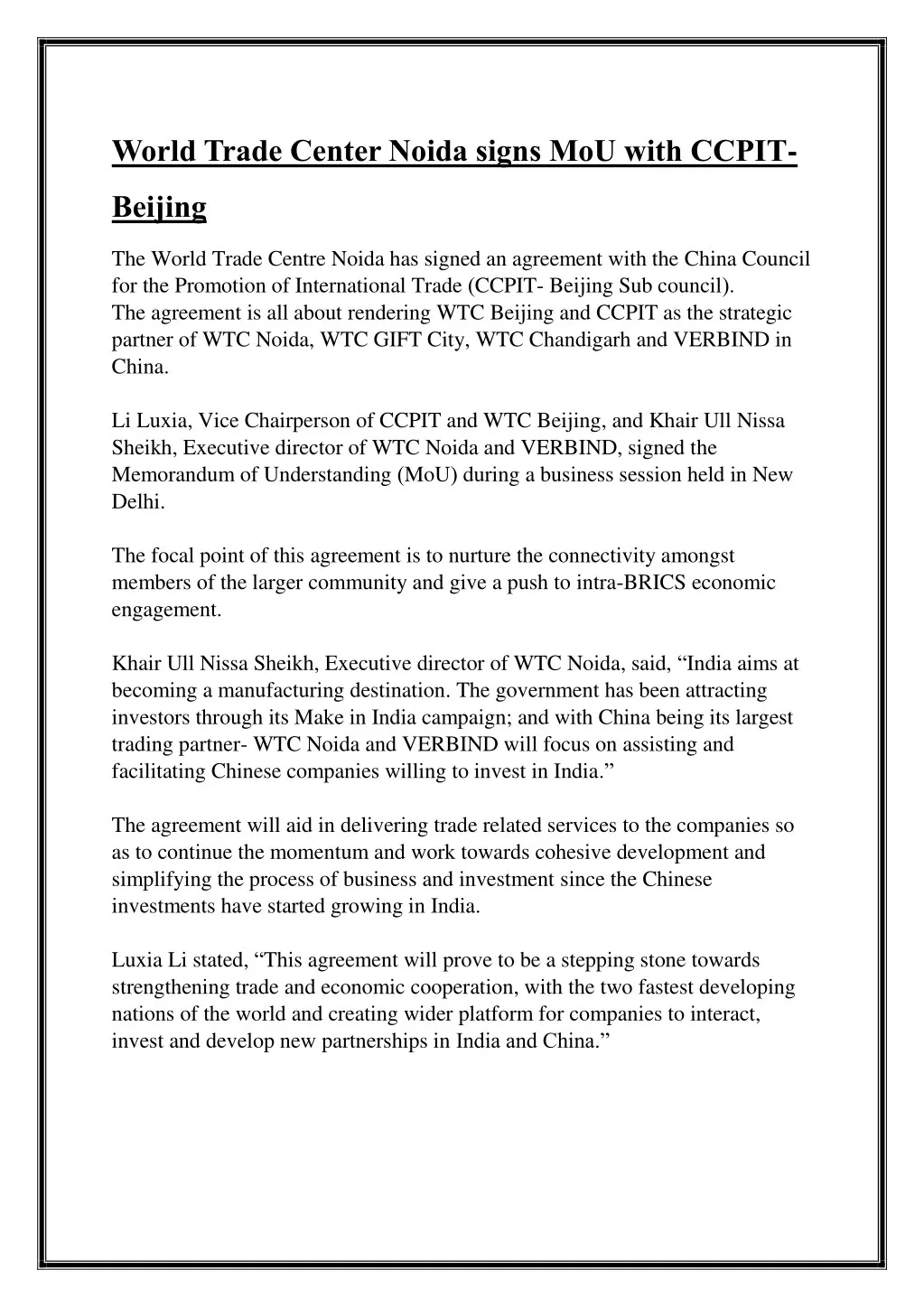 world trade center noida signs mou with ccpit