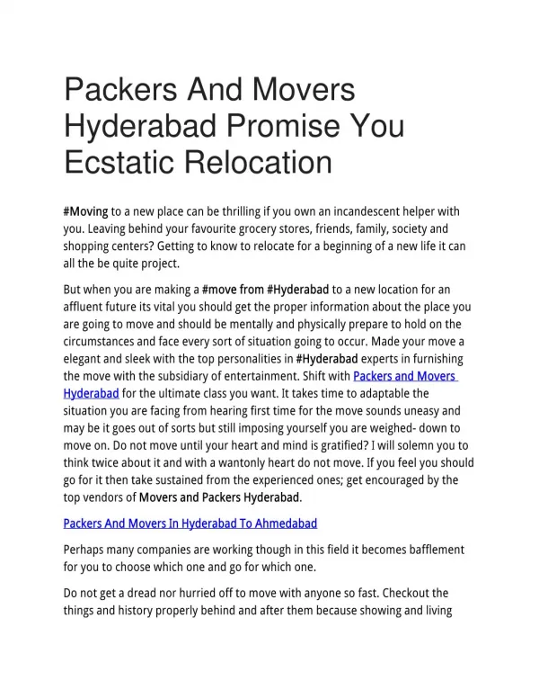 Packers And Movers Hyderabad Promise You Ecstatic Relocation