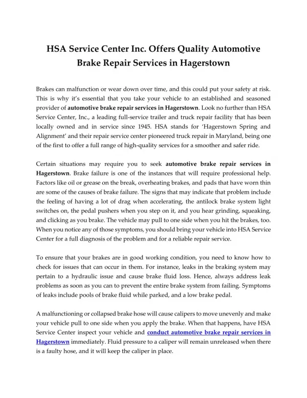 HSA Service Center Inc. Offers Quality Automotive Brake Repair Services in Hagerstown